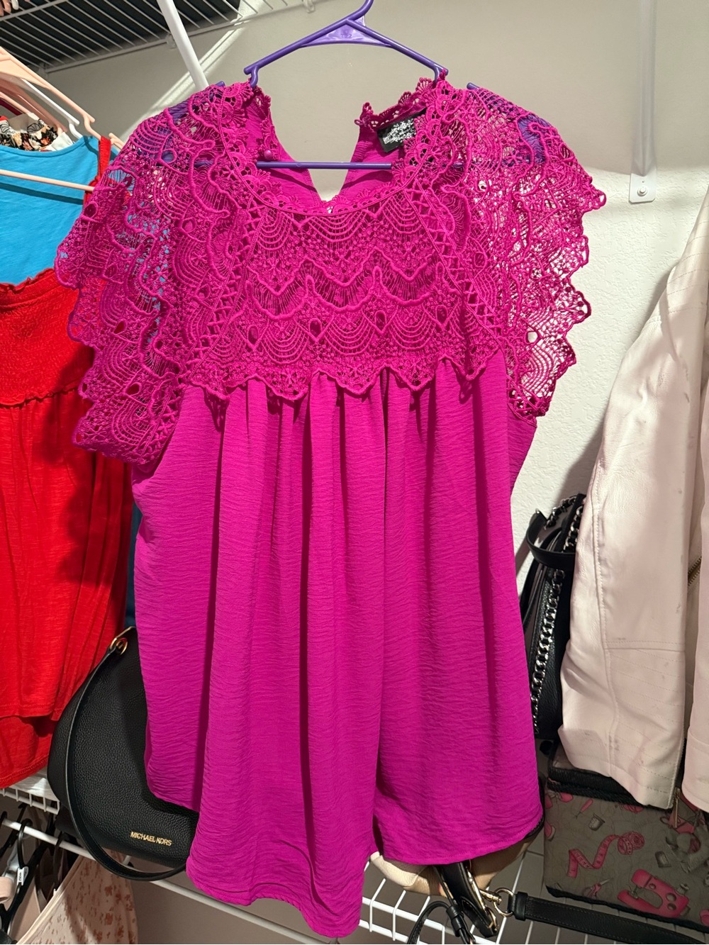 Source Unknown Fuchsia Lace Yoke Short Sleeve Blouse